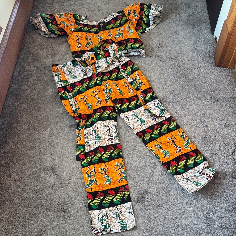 Kavazi African Print Two Piece Set SIZE XL Ankara Top Pants Puff Sleeve Matching